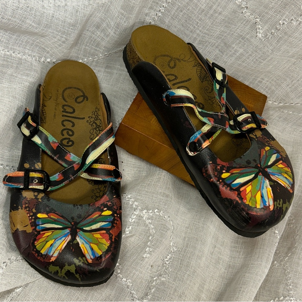 Calceo slide in mules with butterfly painted